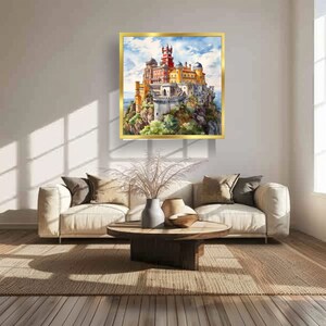 May include: A watercolour painting of a yellow and red castle on a cliff with green trees and a blue sky.