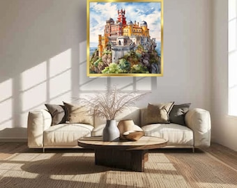 Pintura em aquarela do Palácio da Pena, Portugal, para decoração de parede - PRESENTE