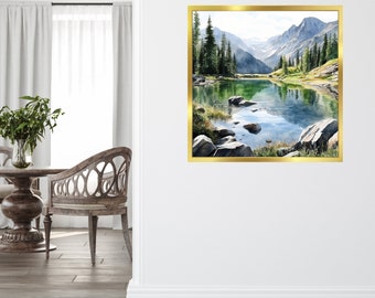 Pintura em aquarela de um lago turquesa nas montanhas: Paisagem florestal (Download digital)
