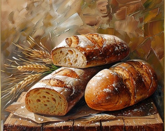 Impression d'art vintage pain au levain nature morte : décoration de cuisine rustique (téléchargement numérique)