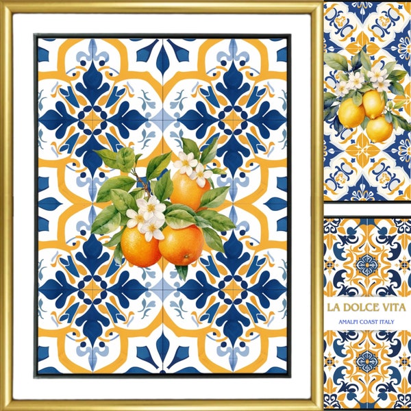 Set of 3 Amalfi Coast Lemons Printable Poster  Amalfi Print Italy, Mediterranean Tile with Oranges, La Dolce Vita Poster Set Wall art GIFT