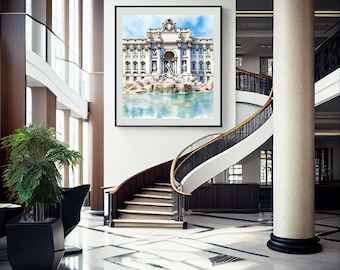 Fontana di Trevi en Roma, acuarela, arte mural, diseño, impresión digital, archivo de regalo.