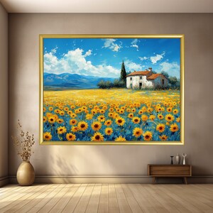 May include: A painting of a small house with a field of sunflowers in front of it. The house is white with a red roof and is surrounded by green trees. The sky is blue with white clouds.