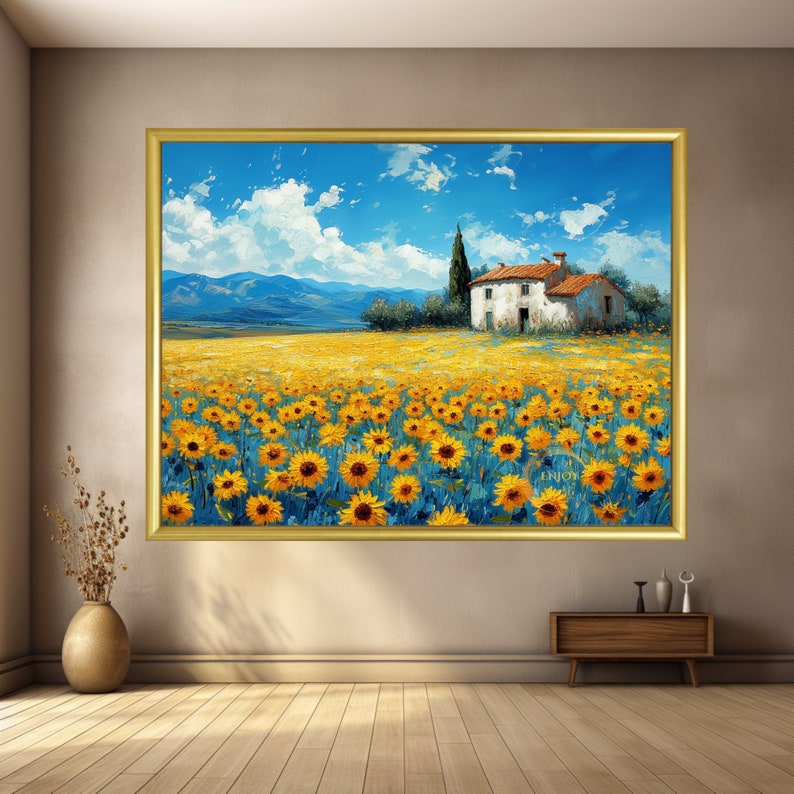 May include: A painting of a small house with a field of sunflowers in front of it. The house is white with a red roof and is surrounded by green trees. The sky is blue with white clouds.