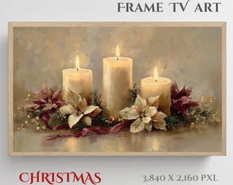 Marco de vela navideña para TV, elegante bodegón navideño, cálido resplandor invernal, descarga digital, obra de arte festiva de flor de Pascua para Samsung Frame TV
