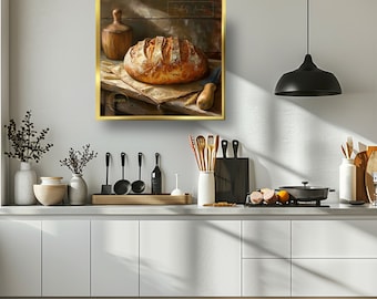 Vintage Sourdough Bread Still Life Print: Rustic Kitchen Wall Art