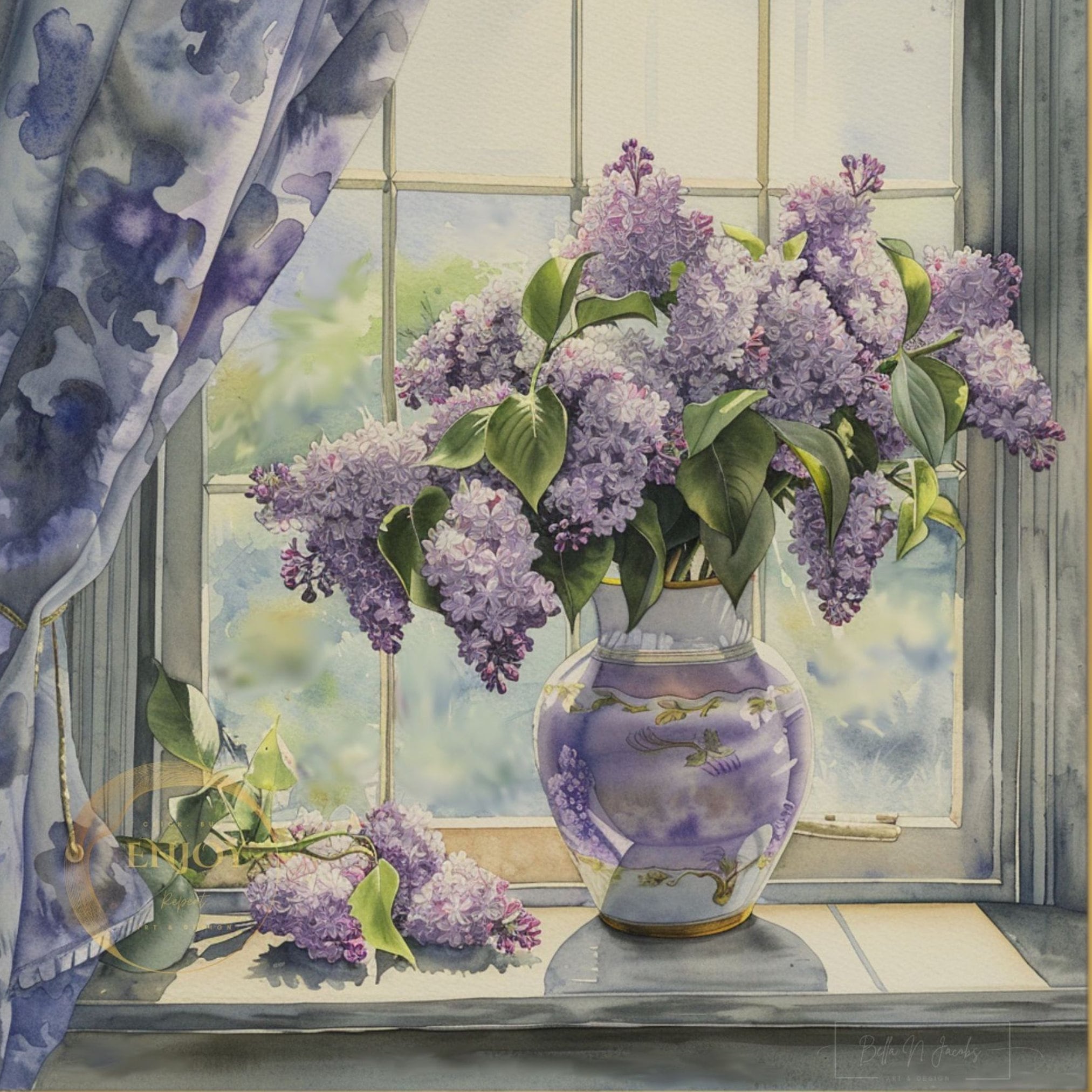 油絵 絵画 【ライラック】 水彩ライラックの静物画：花の窓辺のアート（デジタルダウンロード