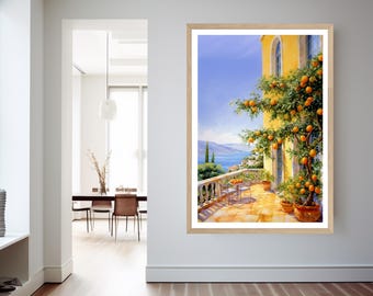 Amalfi Coast Watercolor Painting: Mediterranean Orange Tree Terrace (Digital Download)