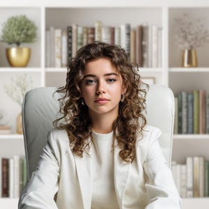 May include: A woman in a white blazer and chair, with a bookshelf background. The shelves are filled with books, decorative plants, and gold vases. The woman has curly brown hair and is looking directly at the camera.