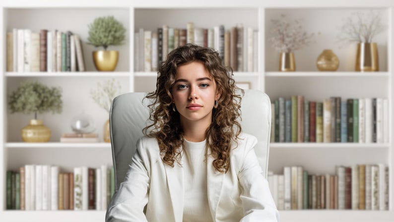 May include: A woman in a white blazer and chair, with a bookshelf background. The shelves are filled with books, decorative plants, and gold vases. The woman has curly brown hair and is looking directly at the camera.