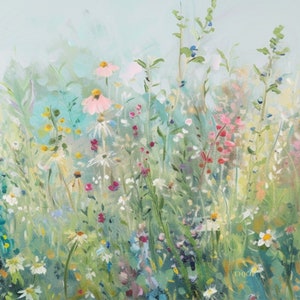 Pintura em aquarela em cores pastel, flores silvestres, paisagem enevoada, arte de parede, decoração de parede, design, tela, papel de parede, arte de parede horizontal, presente