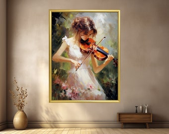 ヴァイオリンを弾く少女の抽象油絵：音楽ウォールアート（デジタル