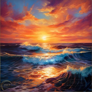 May include: A painting of a sunset over the ocean with waves crashing in the foreground. The sky is a vibrant orange and pink, with clouds reflecting the light. The water is a deep blue, with whitecaps on the waves.