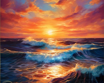 Impressão artística de pôr do sol épico no oceano: pintura dramática de paisagem marinha (download digital)