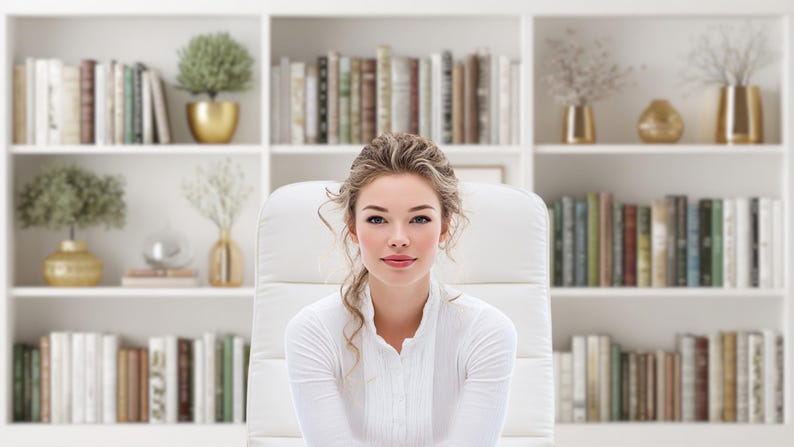 May include: A woman in a white button-down shirt sits in a white chair, facing the camera. Behind her is a white bookshelf filled with books, plants, and decorative vases. The background is slightly blurred.