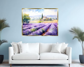 Pintura em aquarela de um campo de lavanda com uma casa de fazenda.