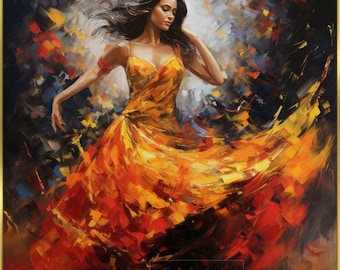 Impresión artística de pintura al óleo de una bailaora de flamenco: Diseño español de Carmen (descarga digital)