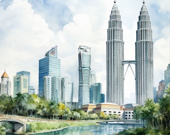 Petronas Towers Watercolor Painting: Kuala Lumpur Skyline Art (Digital Download)