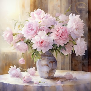 Hermoso lienzo impreso con peonías, jarrón de flores, decoración de estilo vintage, arte de pared floral, ramo de flores, naturaleza muerta con flores, póster de bellas artes