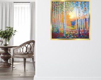 Láminas artísticas del Bosque de Abedules de Klimt: Decoración impresionista colorida (descarga digital)