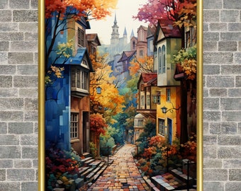 French Riviera Watercolor Painting: Cobblestone Street Art (Digital Print)