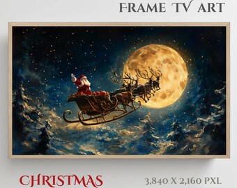 May include: A digital painting of Santa Claus flying in a sleigh pulled by reindeer in front of a large, yellow moon. The sky is dark blue with white clouds and stars. The text "CHRISTMAS COLLECTION" is at the bottom of the image.