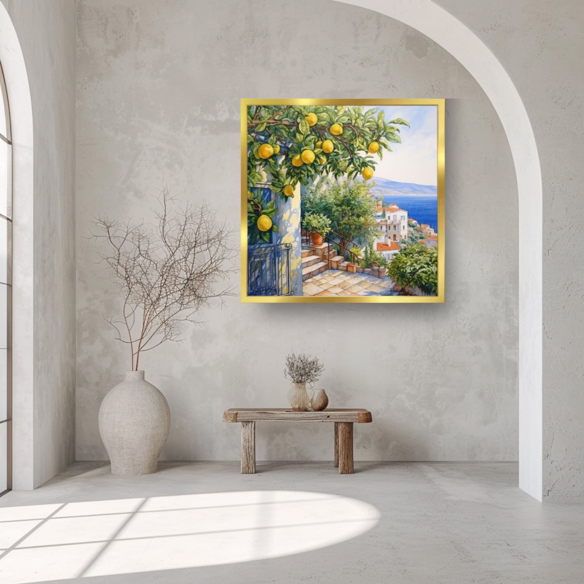 シチリア島のレモンの木の水彩画：地中海風ウォールアート（デジタル