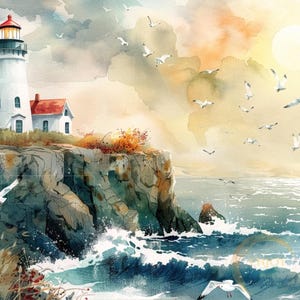 Dipinto di faro, arte murale del faro, vista sull'oceano, paesaggio, decorazione artistica, carta da parati con schermo oceanico, regalo