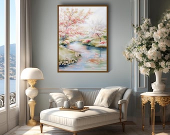 Set of 5 Spring Landscape Wall Art Watercolor Floral Meadow Prints Cherry Blossom River Painting Cottagecore Decor Frame TV Art Collection