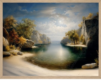 Tranquil Canyon River Oil Painting Wall Art Serene Cliffside Landscape Artwork Peaceful Nature Decor Elegant Scenic Wall Art