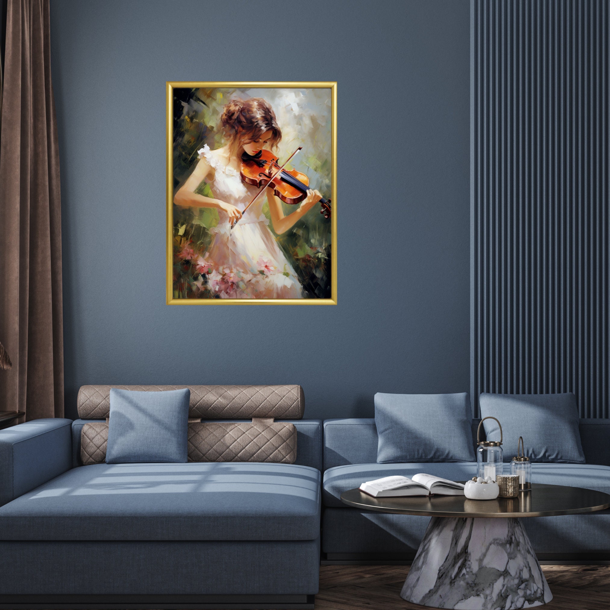 ヴァイオリンを弾く少女の抽象油絵：音楽ウォールアート（デジタル