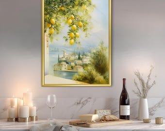 Arte de parede imprimível com limoeiro italiano, paisagem em aquarela da Costa Amalfitana, decoração de vila mediterrânea, arte costeira italiana, download digital.