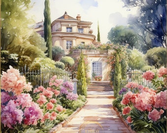Amalfi Coast Villa Watercolor Painting: Italian Garden Art (Digital Download)