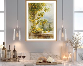Arte de parede imprimível com limoeiro italiano, paisagem em aquarela da Costa Amalfitana, decoração de vila mediterrânea, arte costeira italiana, download digital.