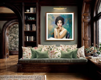 Vintage Glamour Portrait Printable Wall Art – Elegant Classic Hollywood Woman Painting, Retro Beauty Illustration, Elizabeth Taylor Wall art