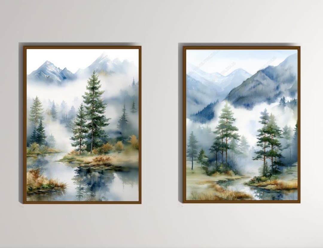 Mountain Landscape Wall Art Set of 3 Misty Forest Watercolor Prints ...