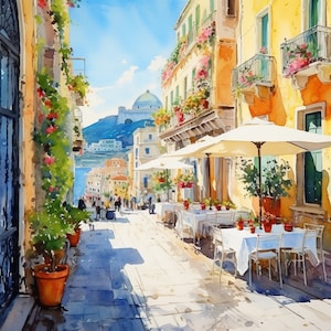 イタリア・ウンブリアの風景画 水彩画：素朴な村の芸術（デジタル