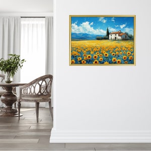 May include: A painting of a white house with a red roof in a field of sunflowers. The house is surrounded by a field of sunflowers, and the sky is blue with white clouds.