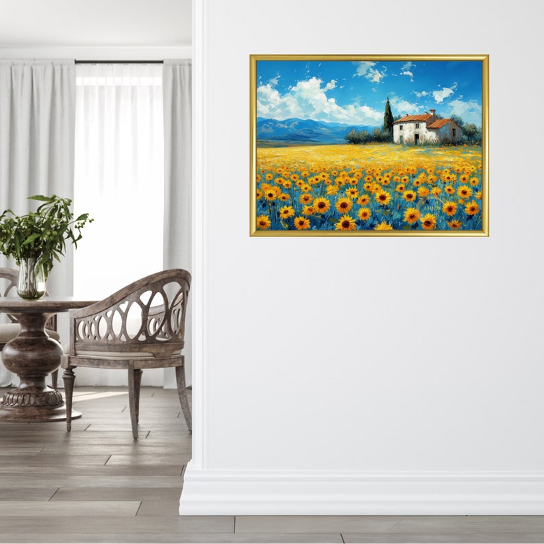 May include: A painting of a white house with a red roof in a field of sunflowers. The house is surrounded by a field of sunflowers, and the sky is blue with white clouds.