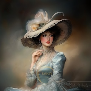 Victorian Woman Painting with hat, Vintage Woman Portrait Wall Art, Beautiful  Woman With Hat Painting, Victorian Elegant Lady Portrait GIFT