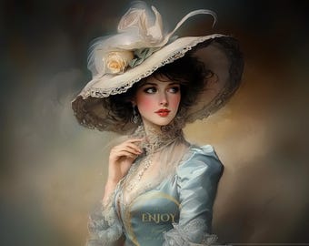 ビクトリア朝の女性の肖像画：帽子をかぶった優雅な女性（デジタル