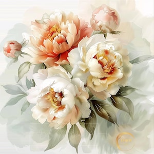 Blush & Cream Pfingstrosen Wandkunst, Boho Blumen Malerei, Blumenwandkunst, Elegante Boho Blumen, Aquarell Blumen Clipart, weiße Pfingstrose PNG