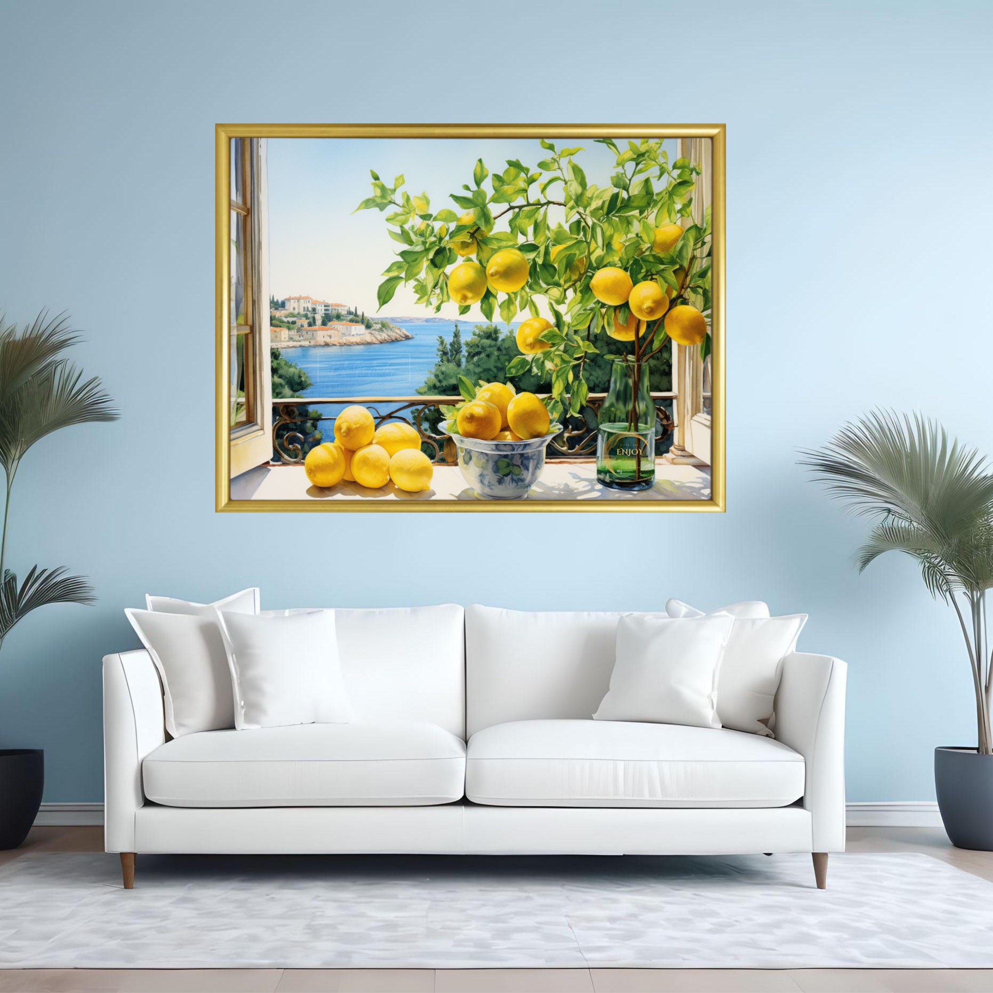 Sicily Lemon Tree Watercolor Print: Mediterranean Coast View