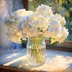 Weiße Hortensie Blumen in Glasvase Blumenstrauß Instant Art Floral druckbare botanische Ölkunst trendige Vintage-Stilöl Stillleben