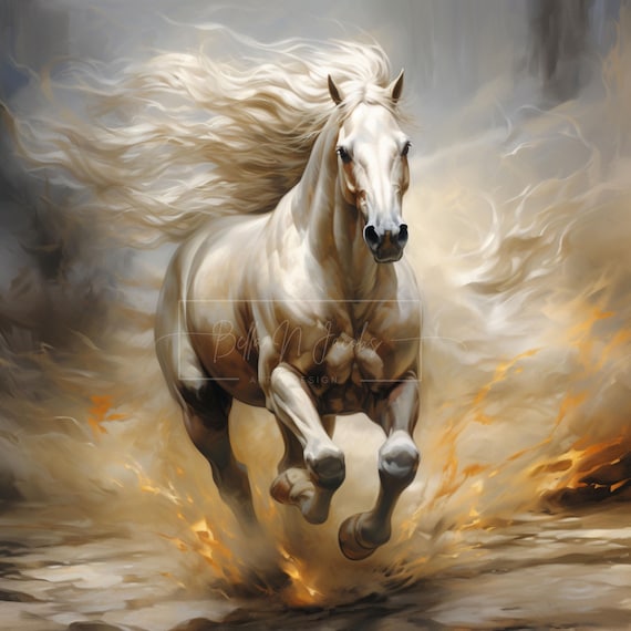 野生の白馬の絵画：疾走する牡馬の絵画（デジタルダウンロード