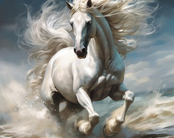 Wild White horse painting galloping horse portrait wall art decor living room design digital screen wallpaper hallway painting wall art GIFT