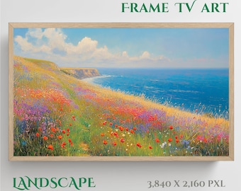 Pintura de paisagem costeira com flores silvestres: cena de prado impressionista (download digital)