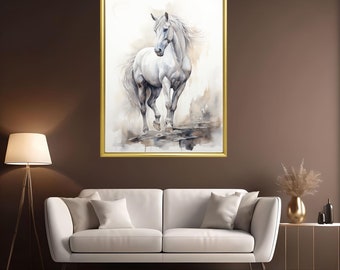 白い馬の水彩画：抽象的な壁アート（デジタルダウンロード） - Etsy 日本