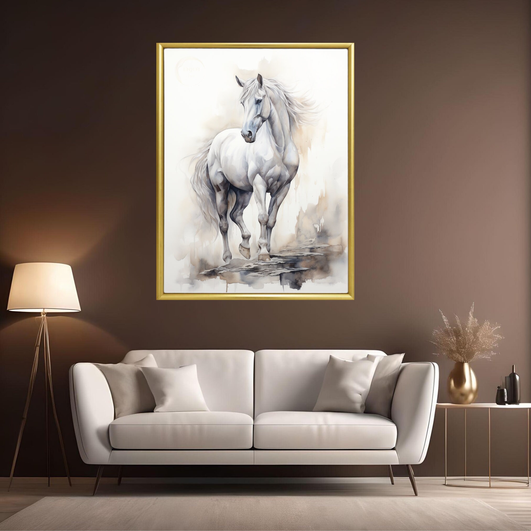 白い馬の水彩画：抽象的な壁アート（デジタルダウンロード） - Etsy 日本