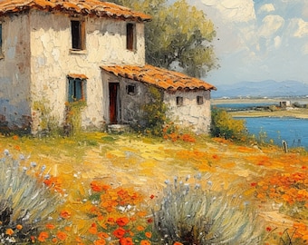 Van Gogh Style Country House Landscape Painting Art Print (Digital Download)